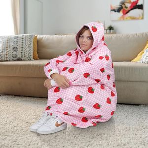 Oversized aardbeien-hoodie-deken, sweatshirt voor dames, behaaglijke trui, warme flanellen deken, bodydeken, één maat voor iedereen