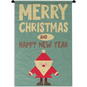 Wandkleed Kerst illustratie 3 - Illustratie van de kerstman met de quote Merry Christmas and Happy New Year Wandkleed katoen 60x90 cm - Wandtapijt met foto