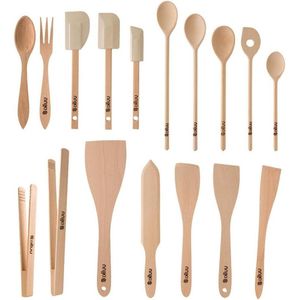 Houten Kookgerei Set - Kooklepel-Spatel-Deegschraper-Slabestek-Grilltangen - 17-delige Keukengereedschapset Beukenhout Wooden Spoons