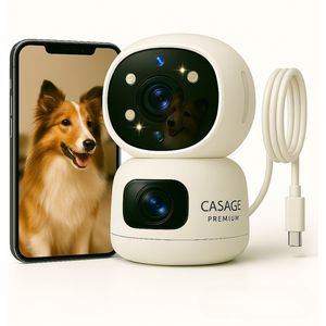 CASAGE PREMIUM® Beveiligingscamera binnen - Huisdiercamera met app - Petcam - Hondencamera - Met WiFi APP - 2K 3MP Ultra HD - Volgt beweging en geluidsdetectie - Indoor Camera - Dual Lens