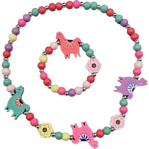 Fako Bijoux® - Kinderketting en Armband - Hout - Drie Lama's & Bloemetjes