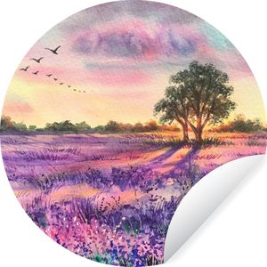 Behangcirkel - Behang rond - Lavendel - Verf - Bloemen - Vogel - Bomen - Behangcirkel bloemen - Rond behang - 50x50 cm - Zelfklevend behang - Behangsticker - Behang cirkel