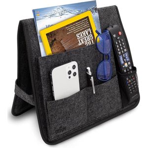 Bedopslag Fauteuil Caddy - Afstandsbediening Houder - Waterfleshouder - Armsteun Organizer - Donkergrijs - Tijdschrift Mobiele Telefoon Tablet Oplaadkabel