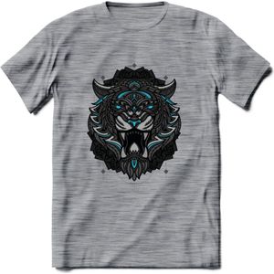 Tijger - Dieren Mandala T-Shirt | Lichtblauw | Grappig Verjaardag Zentangle Dierenkop Cadeau Shirt | Dames - Heren - Unisex | Wildlife Tshirt Kleding Kado | - Donker Grijs - Gemaleerd - XXL