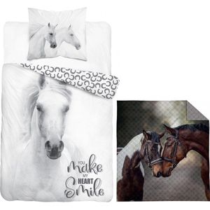 Dekbedovertrek wit Paard- 1 persoons- katoen- dubbelzijdig- ""Smile"" - dekbed Horse, incl. paarden deken- Bedsprei- 170x210.