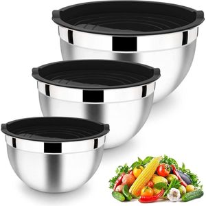 3-delige HaWare Mengkom Set - roestvrij staal - luchtdicht deksel - bakken koken - stapelbaar - vaatwasmachinebestendig - 45 l 27 l 15 l - zwart