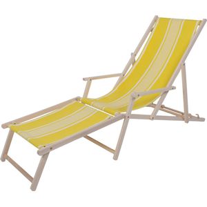 Kleurmeester.nl - Strandstoel met armleuning en voetenbank - Opklapbaar - Beukenhout - Katoenen canvas stof | Geel/ Wit Gestreept