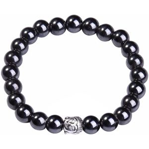 Fako Bijoux® - Boeddha Natuursteen Armband - Buddha Kralen Armband - Hematiet - Boeddha Hoofd - Antraciet