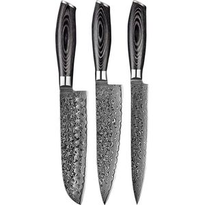 Shinrai Japan - Messenset - 3 delig - Koksmes - Japanse Messen - Mes - Damascus Pakka Wood - Met Luxe Geschenkdoos