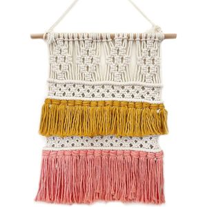 wandtapijt Boho Macrame Wandkleed - Handgemaakt Geweven Katoenen Touw Wandkleed met Gele en Roze Kwastjes voor Kinderkamer, Huis, Kinderkamer Decor