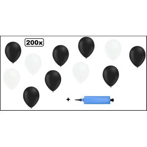 200x Ballonnen zwart en wit + ballonpomp - Ballon carnaval festival feest party verjaardag landen helium lucht thema