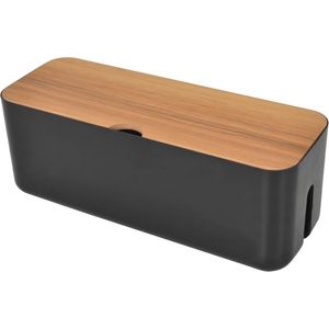 Kabelmanagement Box Organizer - Zwart met Houten Deksel voor Bureau - Kabel Verstopbox voor Stekkerdozen en Losse Draden (29,5 x 11,4 x 11 cm)