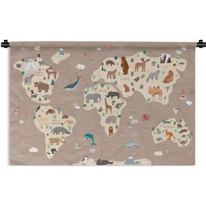 Wandkleed Wereldkaart met dieren - Bruine wereldkaart met dieren Wandkleed katoen 120x80 cm - Wandtapijt met foto