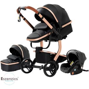 Eszenzics™ Luxe Kinderwagen 3-in-1 - incl. Autostoel - Multifunctionele 3-in-1 Buggy - 0-3 jaar - Zwart/Goud - PU-leder bekleding - All-terrain