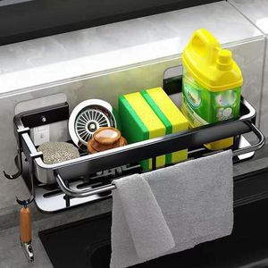 Aanrecht Caddy Douche Sponshouder voor Gootsteen Badkamer Opslag Accessoire Plank Organizer Zonder Boren Hangen stevige Opbergrek met Handdoekhouder en Haken (zwart)
