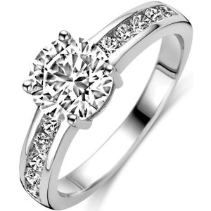Schitterende Gerhodineerde Zilveren Ring Zirkonia 20.25 mm. maat 64 | Aanzoeksring | Verlovingsring