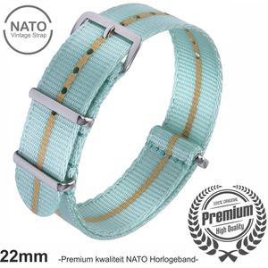 22mm Premium Nato horlogeband Blauw met Beige streep - Vintage James Bond look- Nato Strap collectie - Mannen - Horlogebanden - 22 mm bandbreedte
