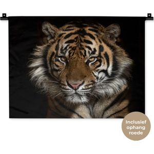 Wandkleed Dieren op een zwarte achtergrond - Boze tijger op zwarte achtergrond Wandkleed katoen 60x45 cm - Wandtapijt met foto