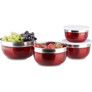 Relaxdays Schalenset 4-delig - gekleurde kommen - slakommen - keukenhulp - met deksel - rood