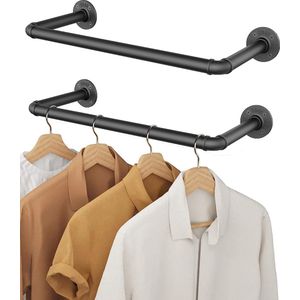Industriële pijp kledingstang, set van 2, 49 cm, wandgemonteerd en afneembaar retro metalen kledingstang (twee onderstellen)