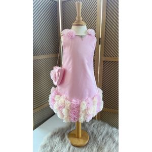 effen jurk met bloemetjes- vintage jurk met striklinten-feestjurk met handtas-galajurk-prinsessen jurk-bruidsmeisjes-bruiloft -verjaardag- fotoshoot- roze kleur-1 jaar maat 86