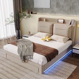 Sweiko LED licht Gestoffeerd bed, 160*200cm, Hydraulisch bed, 2-in-1 Opberglades aan het einde van het bed, verzonken LED lichtstrips aan beide zijden van het bed, Lattenboden, Zonder matras, fluweel, Beige