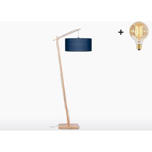 Vloerlamp – ANDES – Naturel Bamboe - Blauw Linnen - Met LED-lamp