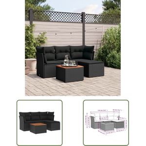 The Living Store Loungeset PE Rattan - Zwart - Modulair design - Duurzaam materiaal - Comfortabele kussens