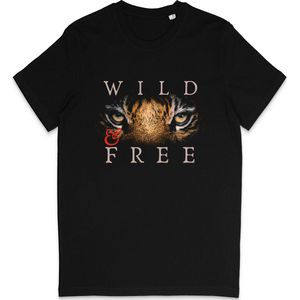 Dames Heren T Shirt - Tijger Wild and Free - Zwart - Maat XS