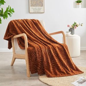 Flanel fleecedeken met 3D-bladpatroon, lichtgewicht, superzacht, gezellig pluche beddeken / bankdeken, 127 x 150 cm, karamel
