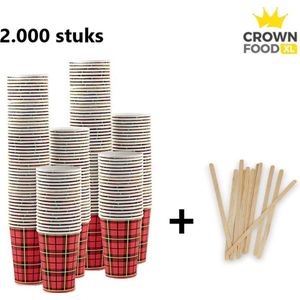 2.000st Kartonnen bekers 180ml + houten roerstaafjes - wegwerp - scotty schotse ruit - Crown Food XL®