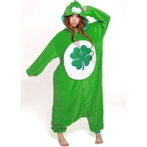 KIMU Onesie Groene Troetelbeer Pak - Maat XL-XXL - Troetelberenpak Beer Kostuum Good Luck Klavertje Vier - Berenpak XXXL 3XL Jumpsuit Fleece Festival