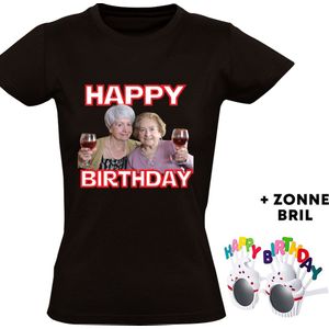 Happy birthday Dames T-shirt + bril - verjaardag - jarig - feest - oma - wijn - grappig