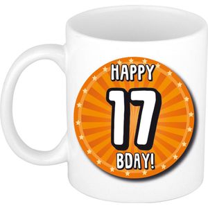 Bellatio Decorations Verjaardag cadeau mok 17 jaar - oranje - wiel - 300 ml - keramiek