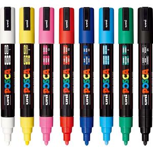 Posca PC-5M - Marker Set - 8 stuks - wit, geel, roze, rood, blauw, lichtblauw, groen en zwart