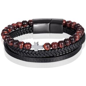 Heren armband Memphis Tijgeroog  kraal gevlochten leer Kruis Zwart Bruin - 20cm