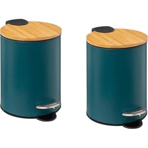 IBBO® - 2x Luxe pedaalemmer - Prullenbak - 3 L - bamboo - Afvalemmer - Soft Close Deksel bamboo - Chique Design - Afvalzak Inkeping - Vuilnisbak Badkamer- 2 Stuks - Groen en hout