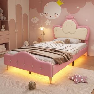 Merax Polsterbett, Kinderbett, mit weichen Schutzkanten, Monochromer LED-Streifen, Kopfteil mit Krone, Bettfüße aus Metall, Wellenform mit Zugpunkt am Kopfende des Bettes, Einzelbett, PU, Rosa+Weiß,90x200CM