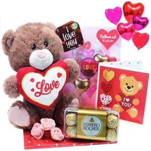 Valentijn Cadeau LOVE Knuffel 29 cm - Ferrero Rocher Chocolade - Knuffelbeer Love Hart - Teddy Bear Gift - Hart ballonnen 16 stuks Valentijn Knuffel - Verjaardag Geschenk