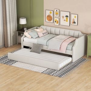 Twin Daybed met onderschuifbed - Moderne slaapbank, uitschuifbaar bed - Gestoffeerd eenpersoonsbed 90x190cm - Katoenlijnstof - Beige