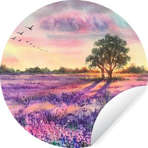 Behangcirkel - Behang rond - Lavendel - Verf - Bloemen - Vogel - Bomen - Behangcirkel bloemen - Rond behang - 140x140 cm - Zelfklevend behang - Behangsticker - Behang cirkel