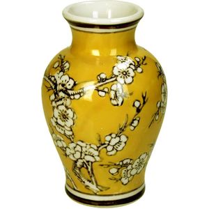 Supervintage gele porselein vaas met bloemen print 10 x 15 cm
