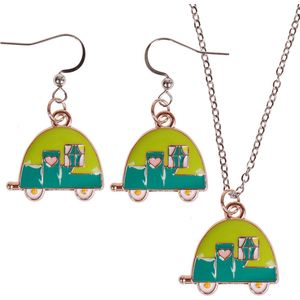 Set - Kinderketting 45cm - Zilverkleurige Oorbellen - Hangertje Caravan blauw/groen zilverkleurig geëmailleerd 2cm