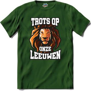 Trots op onze leeuwen - Oranje elftal WK / EK voetbal kampioenschap - bier feest kleding - grappige zinnen, spreuken en teksten - T-Shirt - Dames - Bottle Groen - Maat M