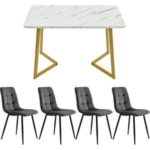 Merax Eetkamerset - 117cm Rechthoekig Eettafel met 4 Eetkamerstoelen - Moderne Keukentafelset - Grijze Fluwelen Stoelen - Wit Marmerlook Tafelblad met Gouden Poten