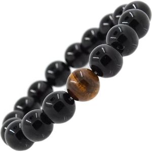 Rhylane - Armband Natuursteen, Agaat & Tijgeroog - Lenge 20 cm, Diamater 10 mm- Elastische Kralenarmband