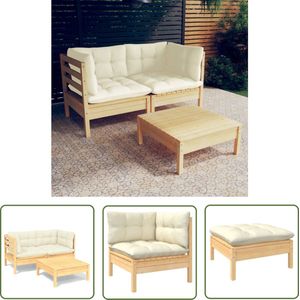 The Living Store 3-delige Loungeset met crèmekleurige kussens grenenhout - Loungeset - Tuinlounge - Loungehoekbank - Houten Loungebank - Buitendining