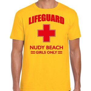 Lifeguard / strandwacht verkleed t-shirt / shirt Lifeguard Nudy Beach girls only geel voor heren - Bedrukking aan de voorkant / Reddingsbrigade shirt / Verkleedkleding / carnaval / outfit S