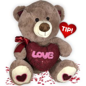 Teddybeer Pluche Knuffel Bruin met Strikje en Hart Love 32 cm {Valentijnsdag cadeau voor hem haar - Knuffelbeer Beertje Teddy Liefde Mannen Vrouwen - Valentijn Cadeautje - I Love You / Ik hou van je - Teddy Beer Groot}