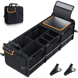Grote kofferbakorganizer met ingebouwde lekvrije koeltas, opvouwbare kofferbakorganizer met meerdere compartimenten, verstelbare handgrepen voor auto, SUV, vrachtwagen, bestelwagen